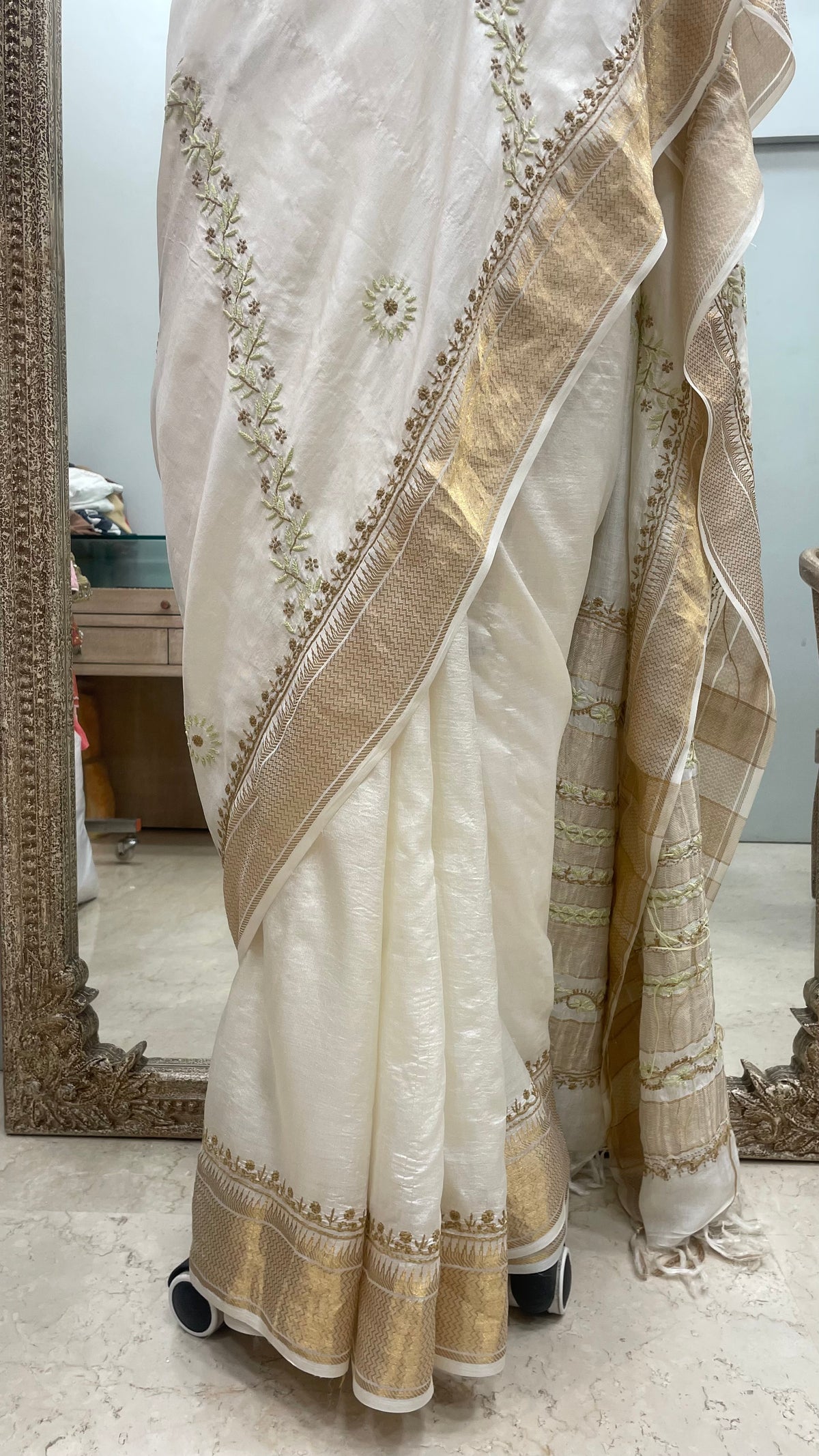 Pure Tassar Silk Saree With Chikan Work Golden