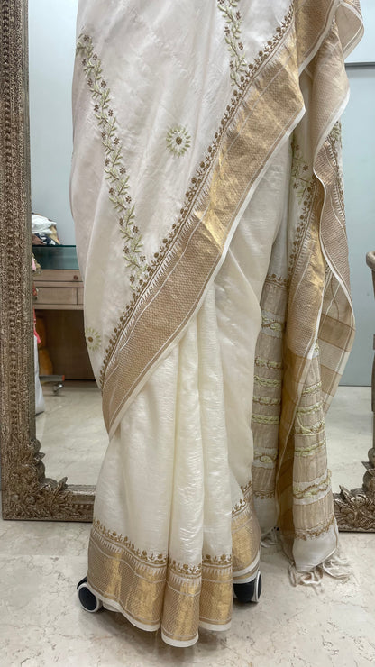 Pure Tassar Silk Saree With Chikan Work Golden