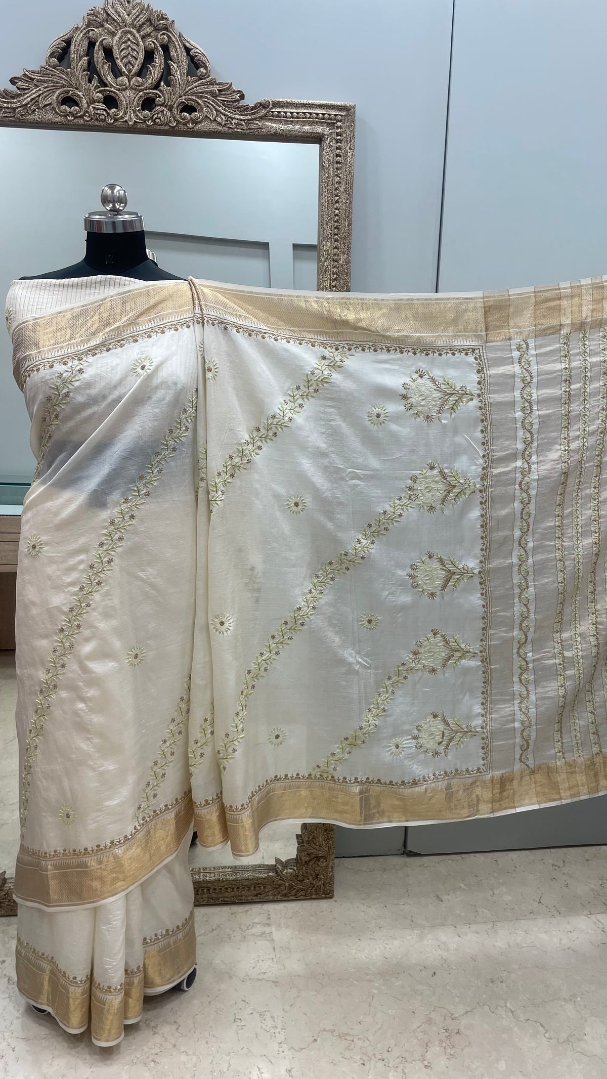 Pure Tassar Silk Saree With Chikan Work Golden