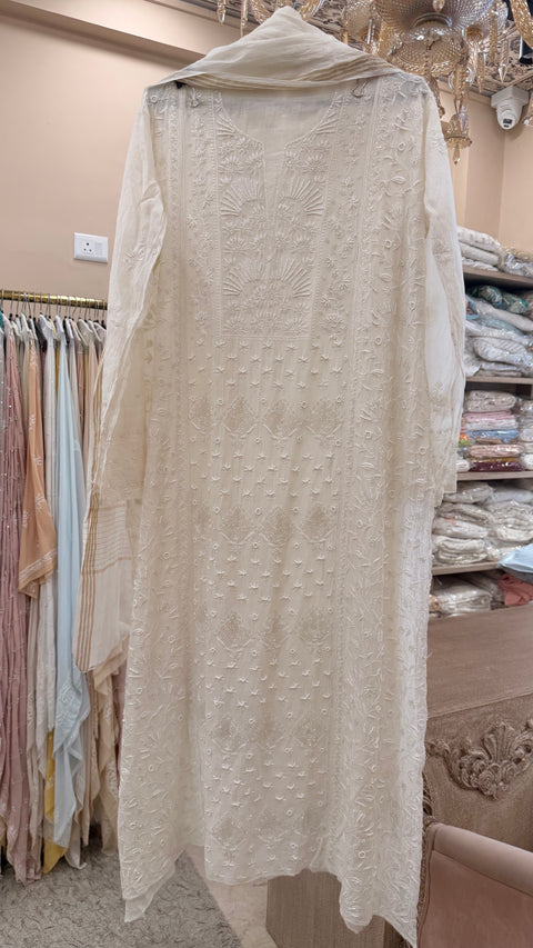 Pure Mulmul Semistiched Kurta Heavy Pearl And Addon Work With Dupatta White 01