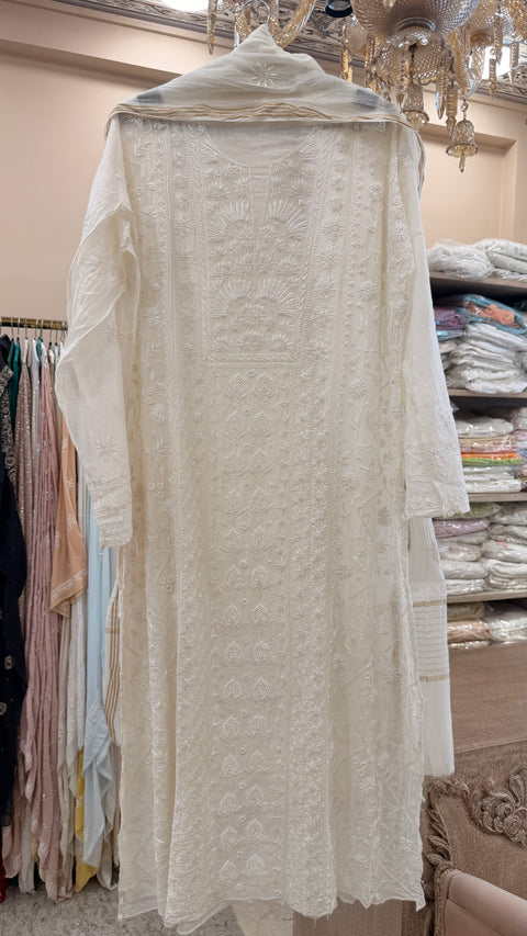 Pure Mulmul Semistiched Kurta Heavy Pearl And Addon Work With Dupatta White 02