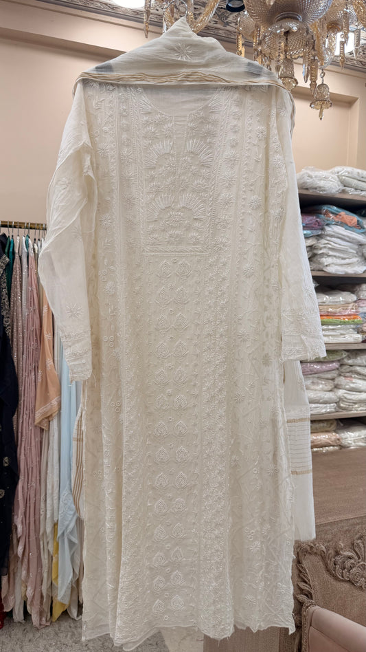 Pure Mulmul Semistiched Kurta Heavy Pearl And Addon Work With Dupatta White 02