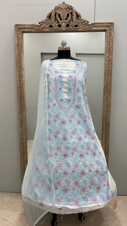 Pure Cotton Voil Booty Straight Shirt Dupatta and Bottom Blue