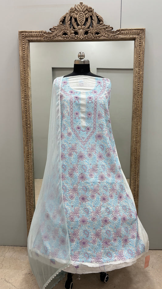 Pure Cotton Voil Booty Straight Shirt Dupatta and Bottom Blue