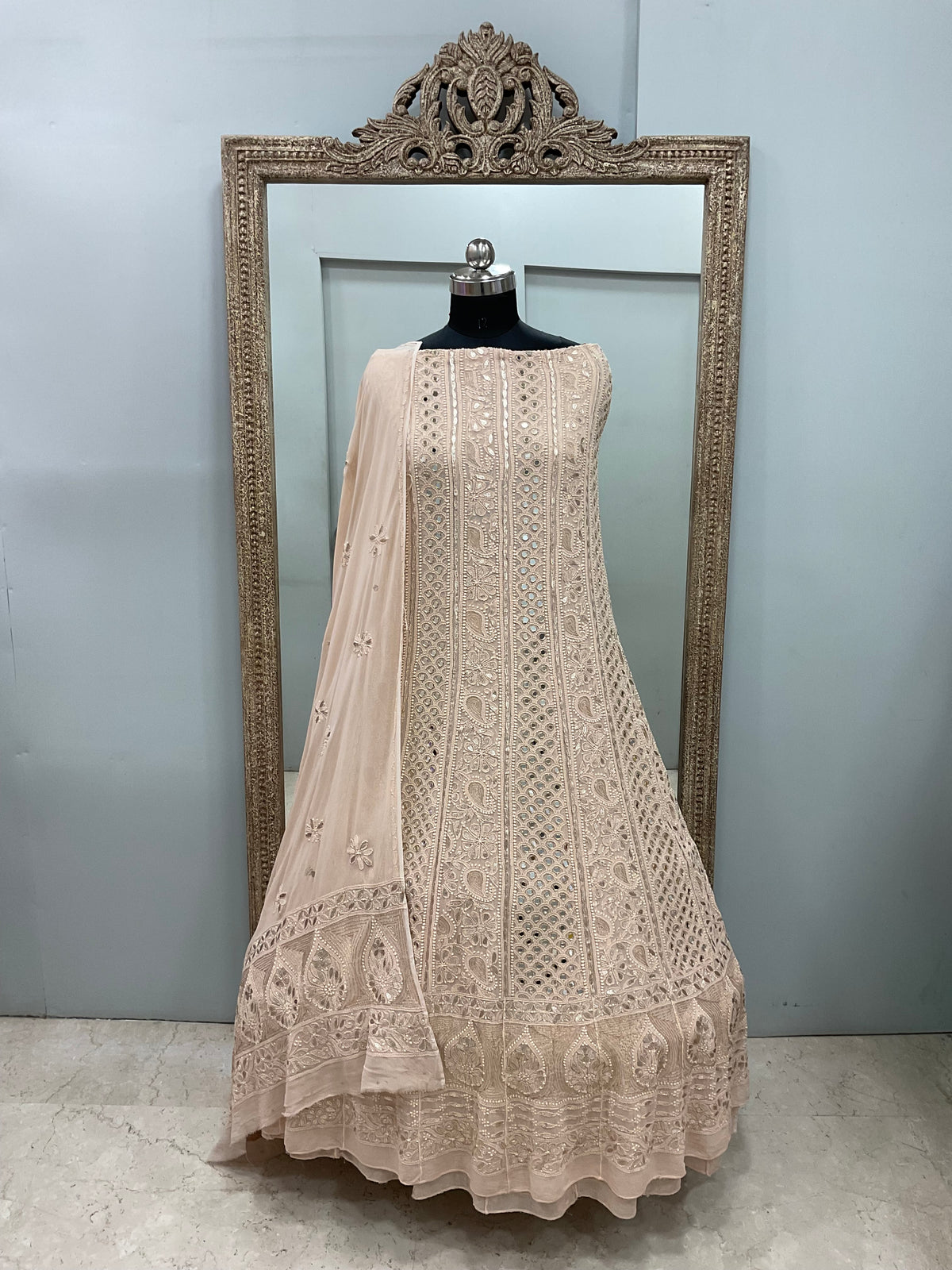 Georgette Anarkali Heavy Gota Mirror Work  Beige