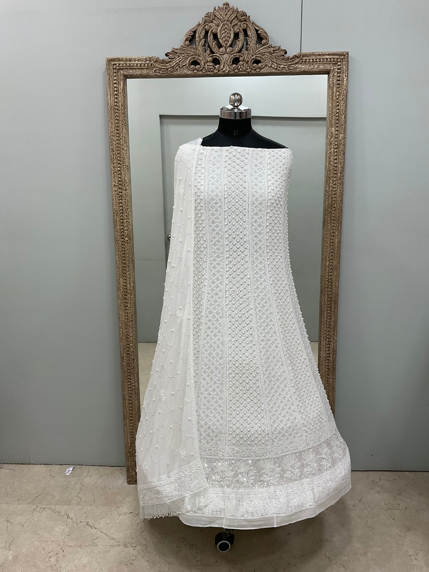 Pure Georgette Anarkali Heavy Pearl, Cutdana and Sequence White