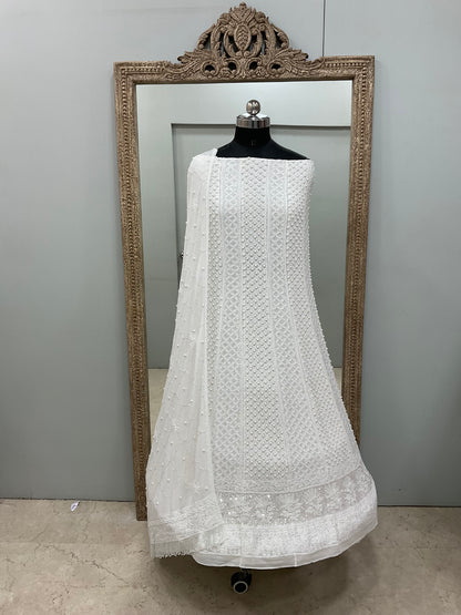 Pure Georgette Anarkali Heavy Pearl, Cutdana and Sequence White