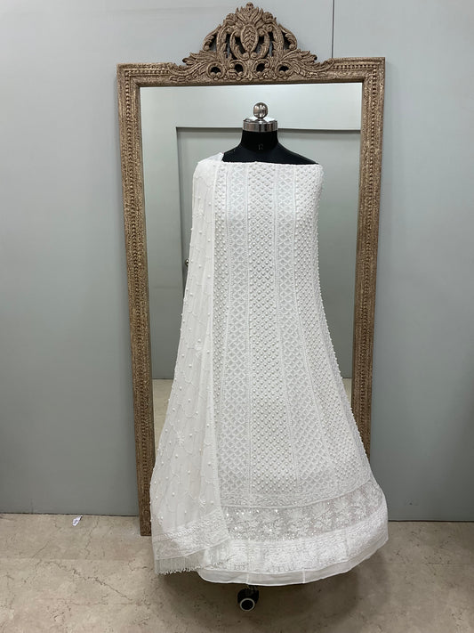 Pure Georgette Anarkali Heavy Pearl, Cutdana and Sequence White