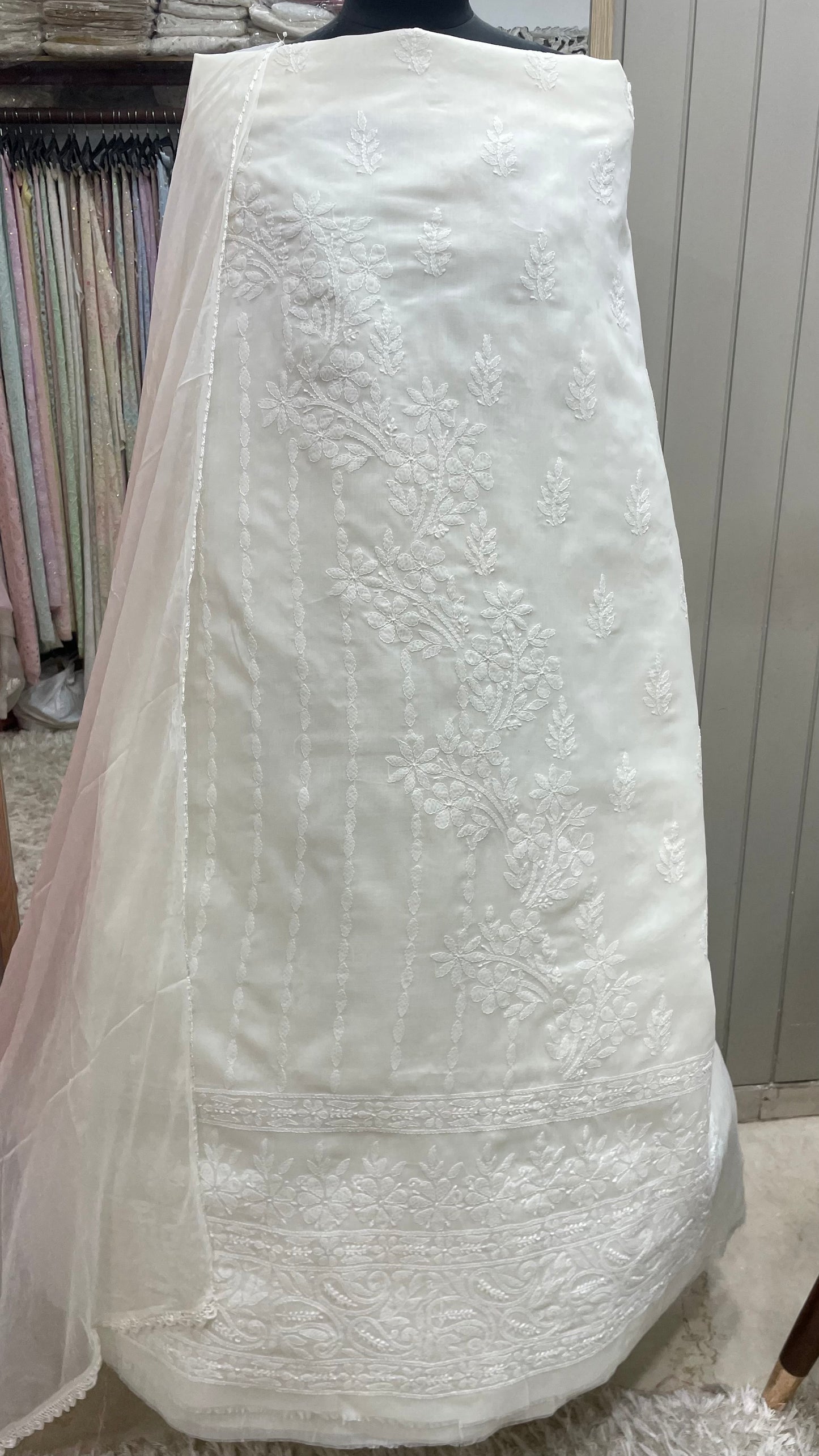 Pure Cotton Voil Booty Straight Shirt Dupatta and Bottom White