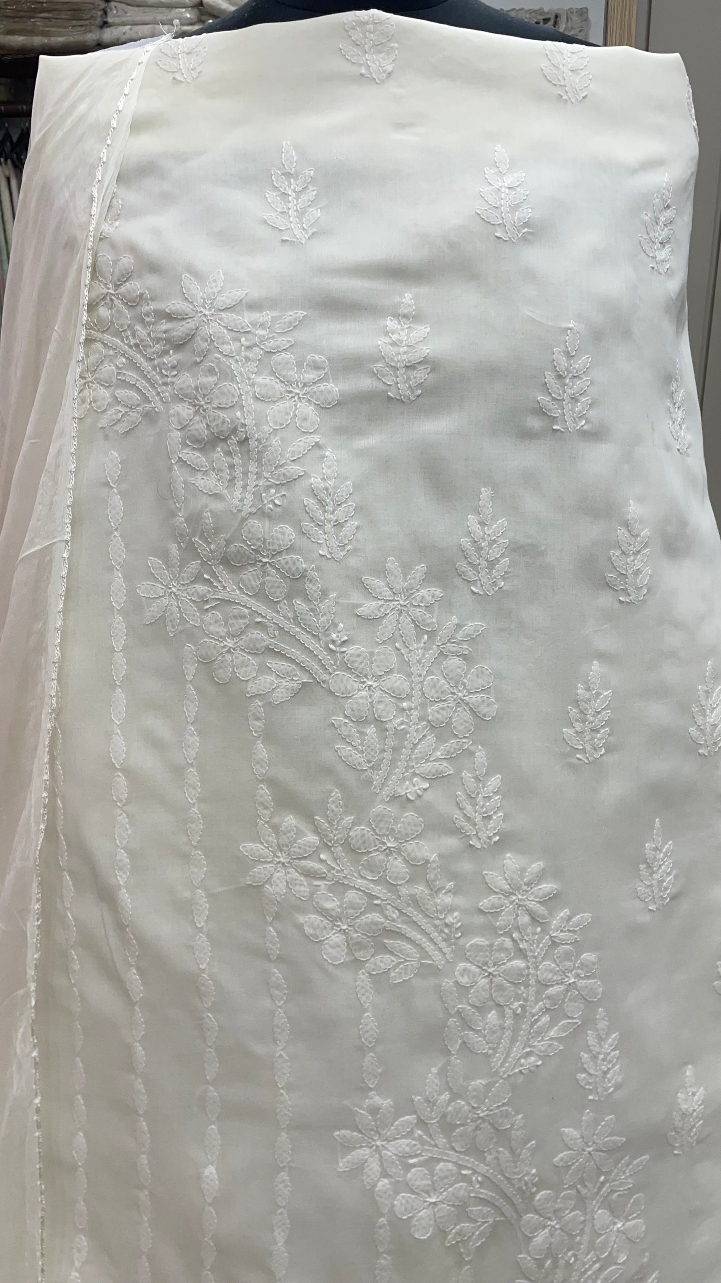 Pure Cotton Voil Booty Straight Shirt Dupatta and Bottom White