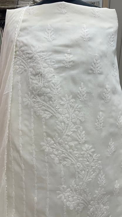Pure Cotton Voil Booty Straight Shirt Dupatta and Bottom White