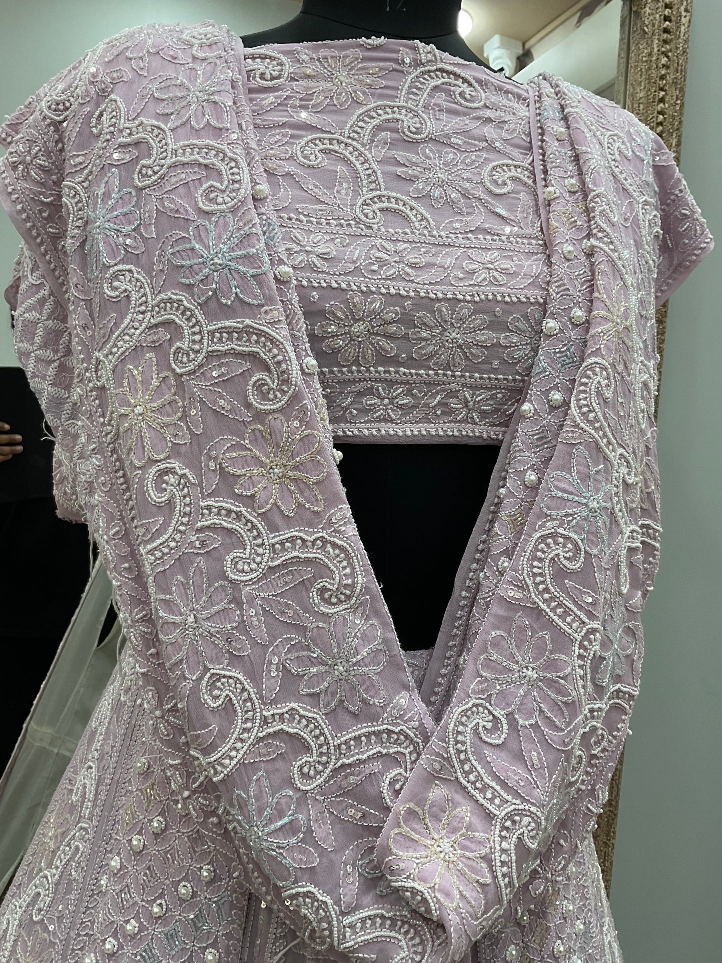 Pure Georgette Heavy Multicolored Cutdana Pearl and Sequence Lilac