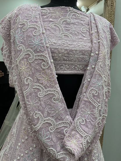 Pure Georgette Heavy Multicolored Cutdana Pearl and Sequence Lilac