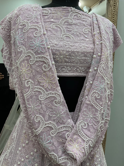 Pure Georgette Heavy Multicolored Cutdana Pearl and Sequence Lilac
