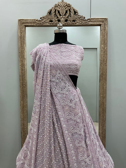 Pure Georgette Heavy Multicolored Cutdana Pearl and Sequence Lilac