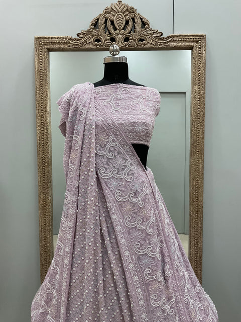 Pure Georgette Heavy Multicolored Cutdana Pearl and Sequence Lilac