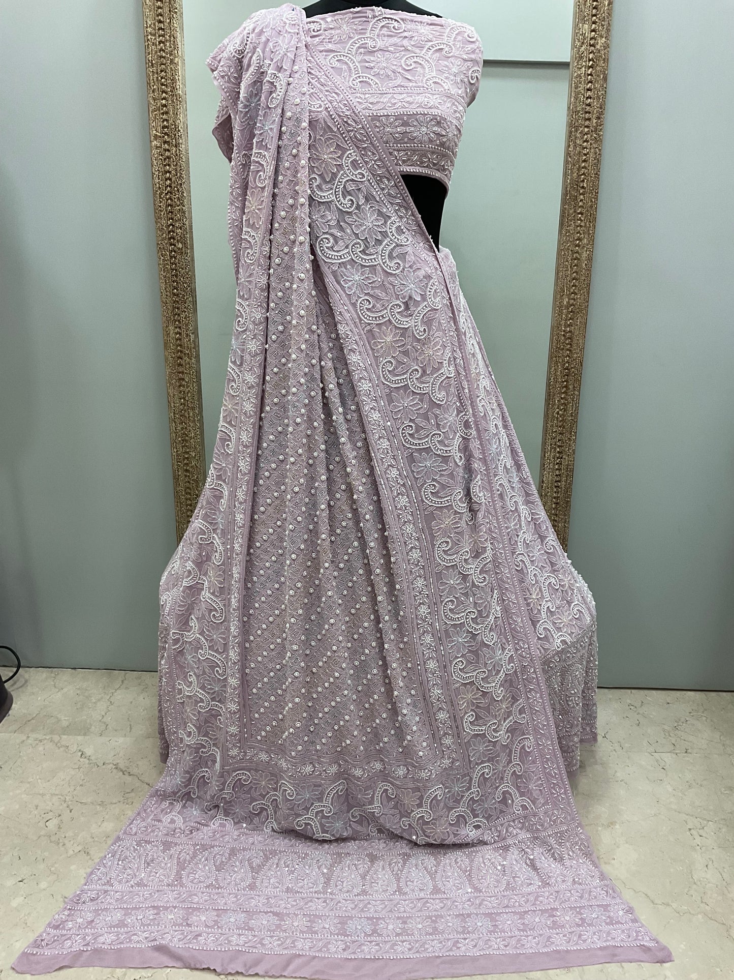 Pure Georgette Heavy Multicolored Cutdana Pearl and Sequence Lilac