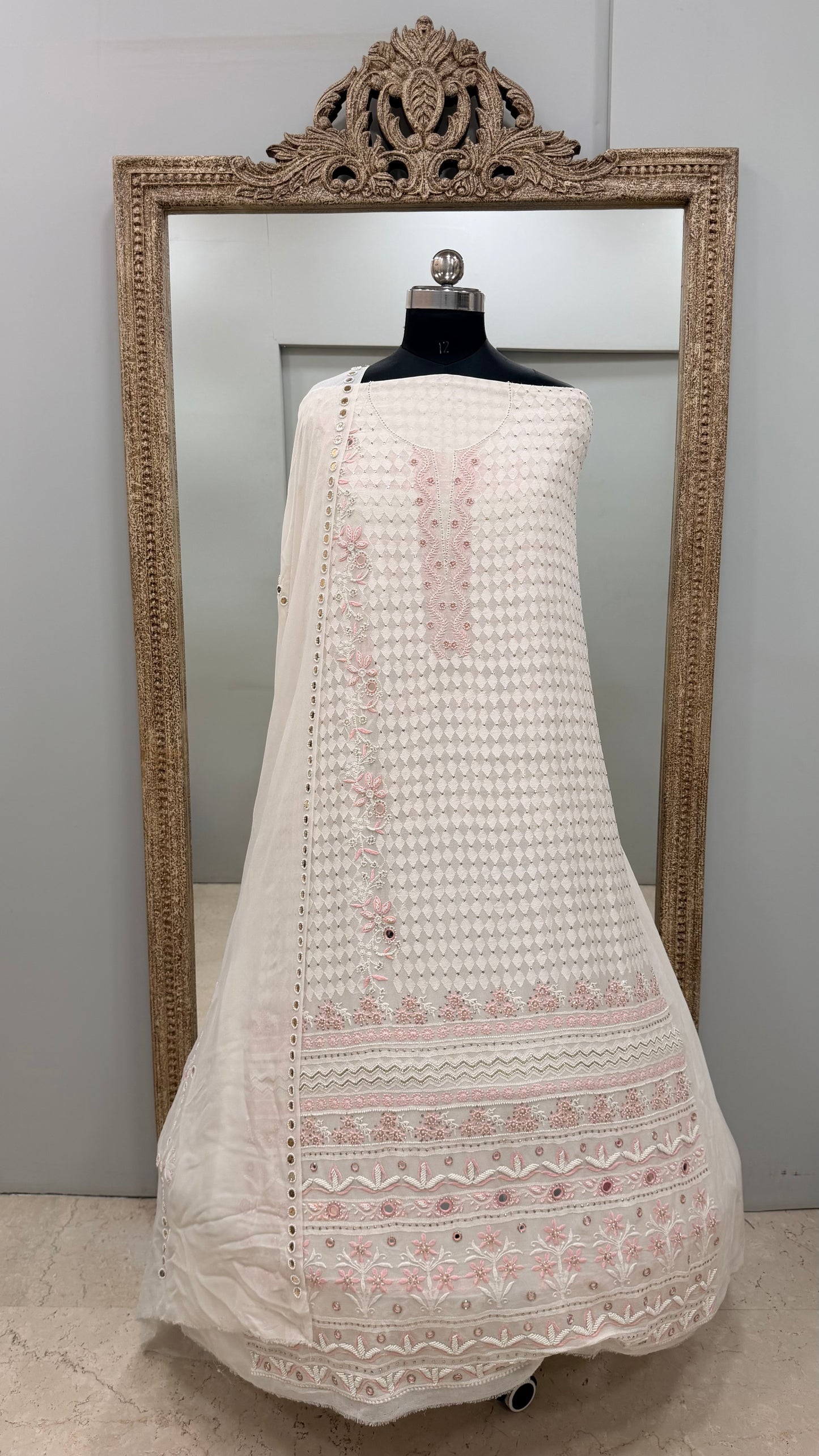 Superfine Pure Georgette Heavy Pearl Cutdana and Sequence Designer White