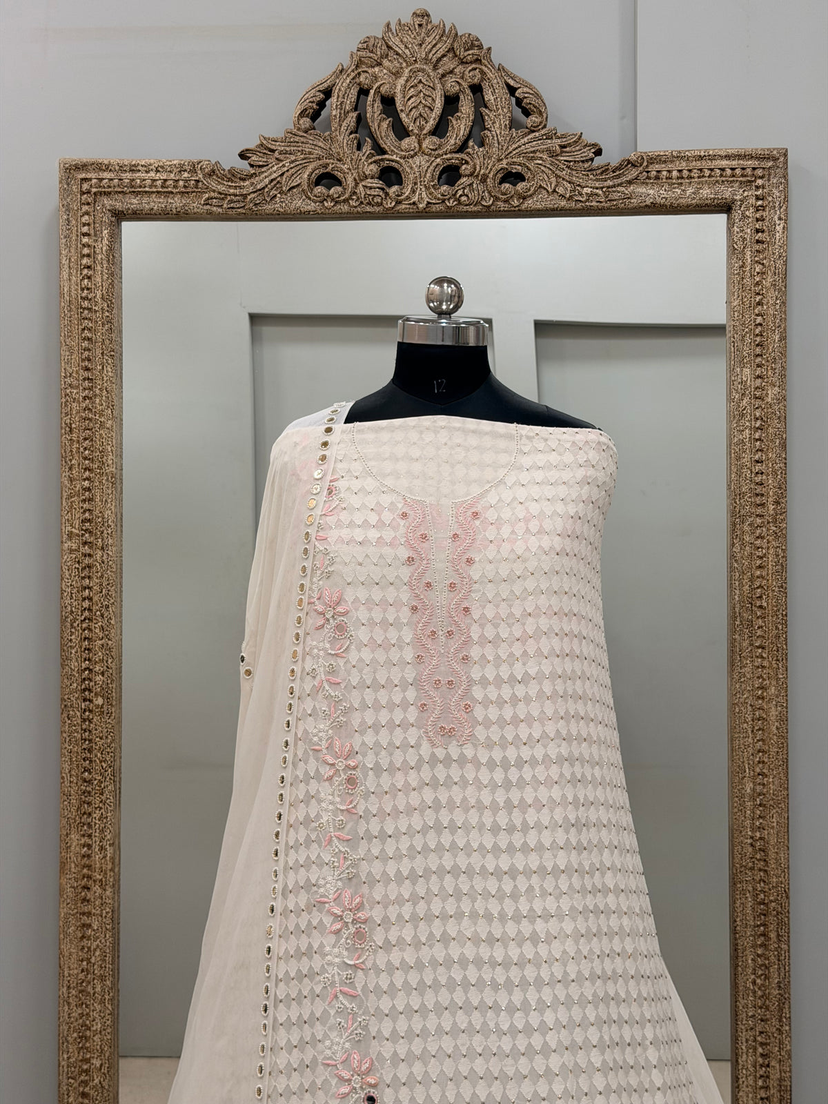 Superfine Pure Georgette Heavy Pearl Cutdana and Sequence Designer White