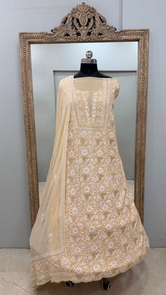 Superfine Pure Georgette Heavy Pearl Cutdana and Sequence Designer Beige