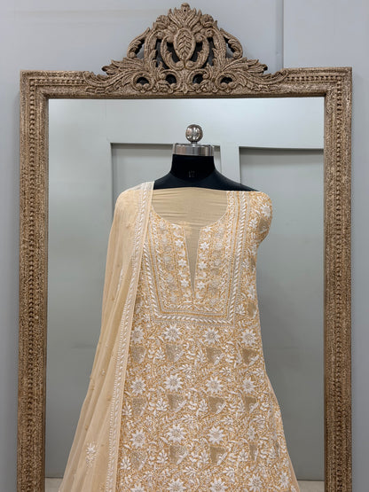 Superfine Pure Georgette Heavy Pearl Cutdana and Sequence Designer Beige