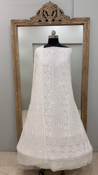 Pure Georgette Heavy Pearl Cutdana and Sequence Designer White