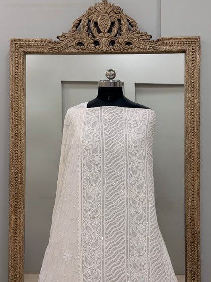 Pure Georgette Heavy Pearl Cutdana and Sequence Designer White