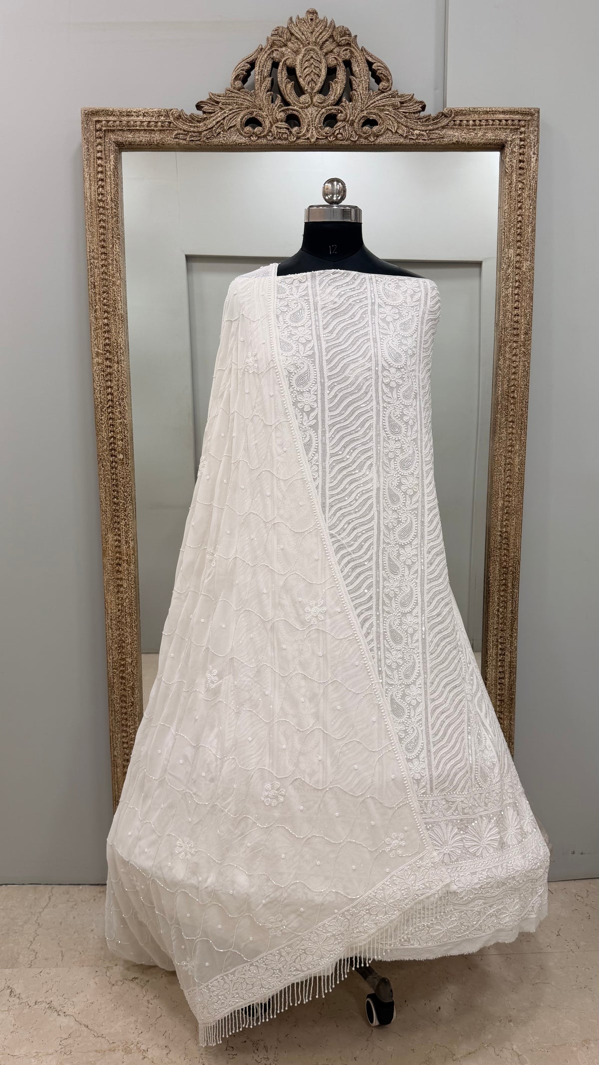 Pure Georgette Heavy Pearl Cutdana and Sequence Designer White