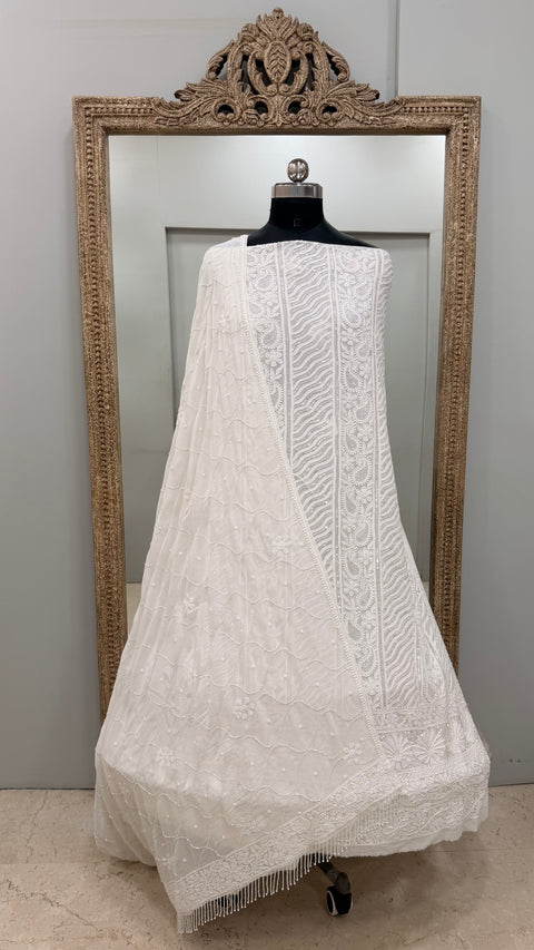 Pure Georgette Heavy Pearl Cutdana and Sequence Designer White
