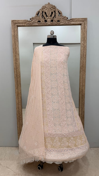 Pure Georgette Heavy Pearl Cutdana and Sequence Designer Peach