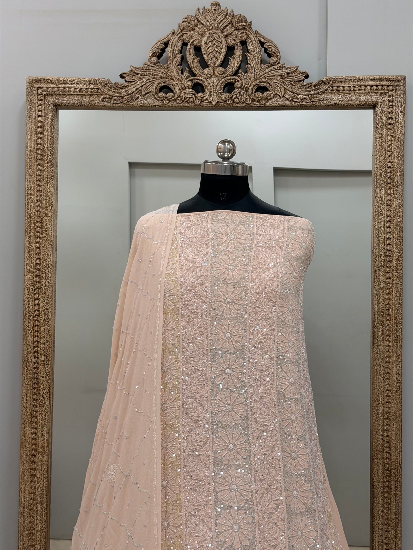 Pure Georgette Heavy Pearl Cutdana and Sequence Designer Peach