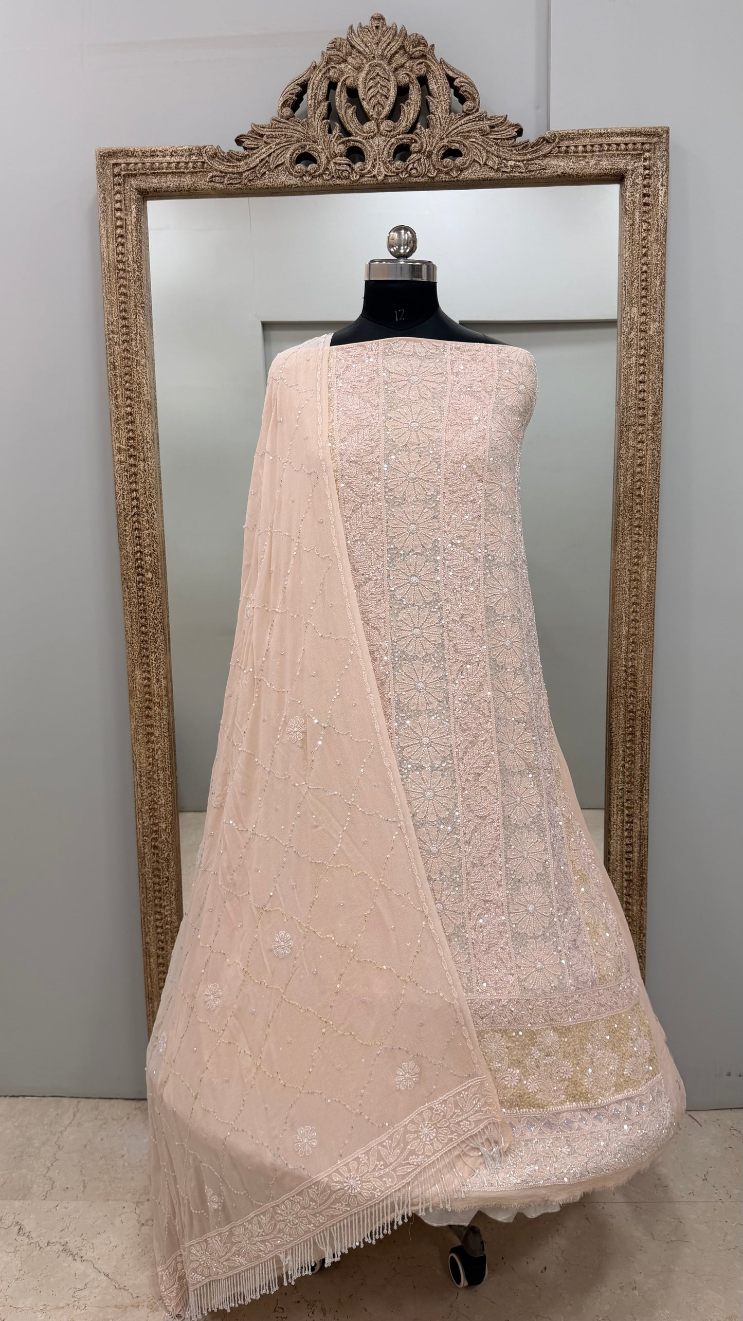 Pure Georgette Heavy Pearl Cutdana and Sequence Designer Peach