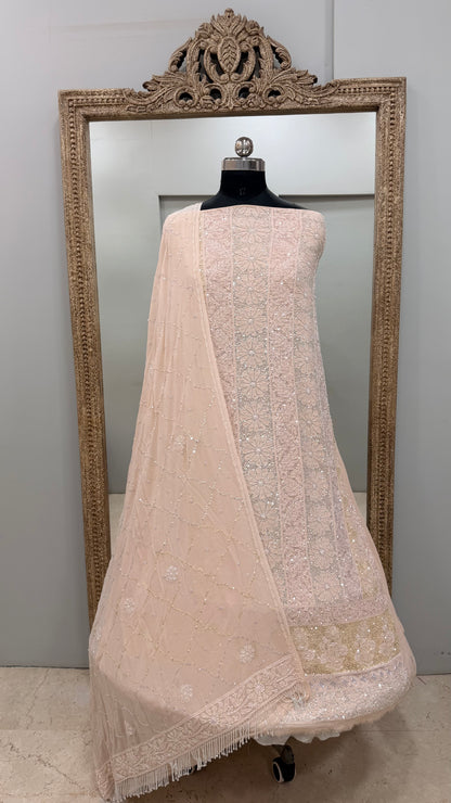 Pure Georgette Heavy Pearl Cutdana and Sequence Designer Peach