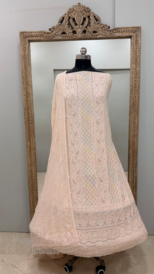 Pure Georgette Heavy Pearl Cutdana and Sequence Designer Beige