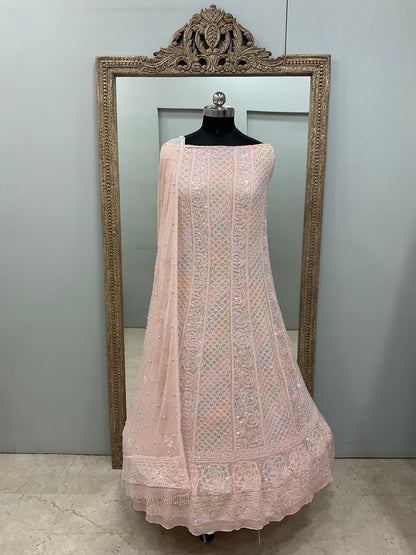 Pure Georgette Anarkali Heavy Pearl, Multi Coloured Cutdana and Sequence Peach