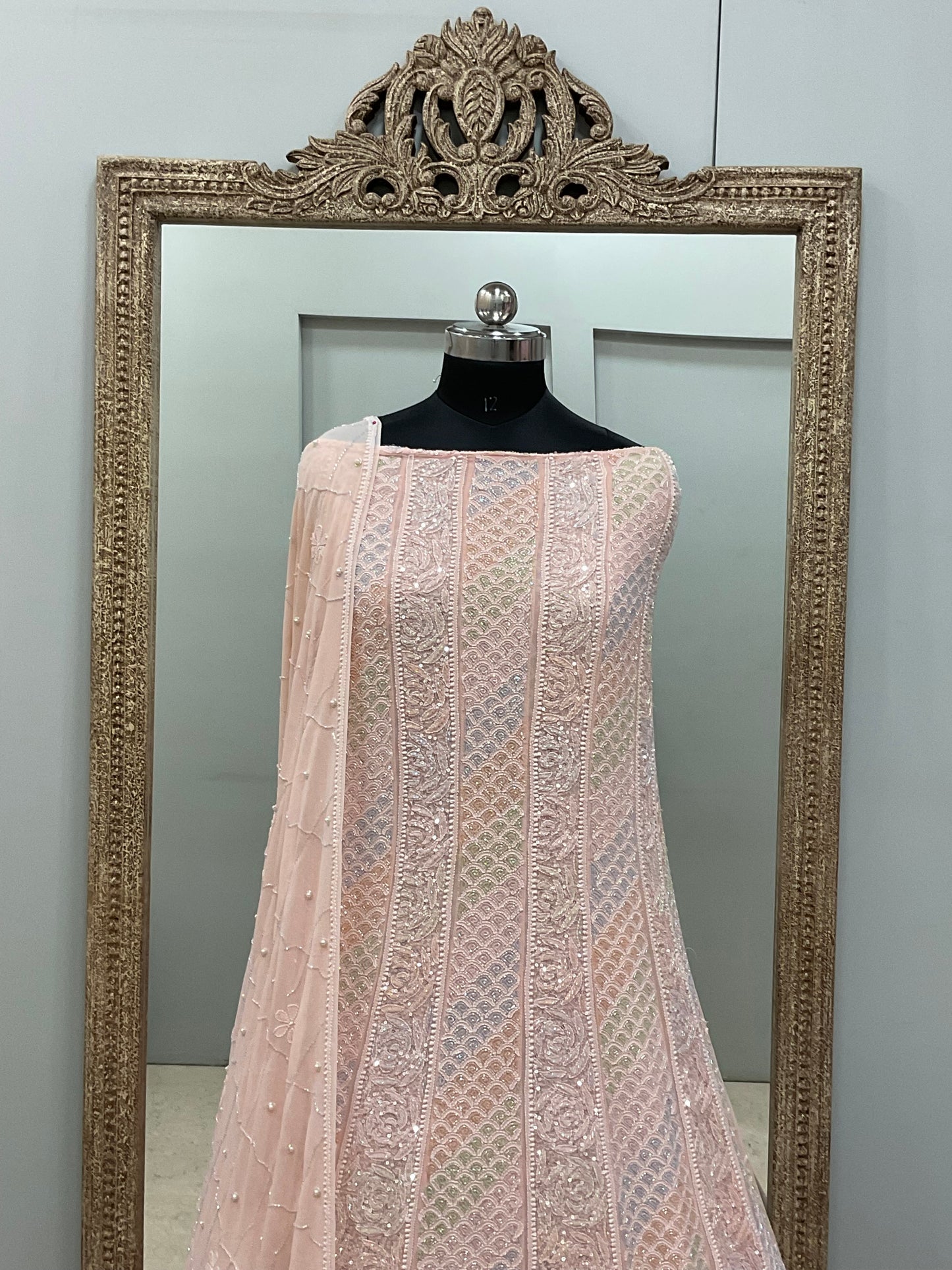 Pure Georgette Anarkali Heavy Pearl, Multi Coloured Cutdana and Sequence Peach