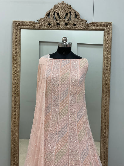 Pure Georgette Anarkali Heavy Pearl, Multi Coloured Cutdana and Sequence Peach