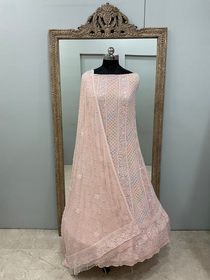 Pure Georgette Anarkali Heavy Pearl, Multi Coloured Cutdana and Sequence Peach
