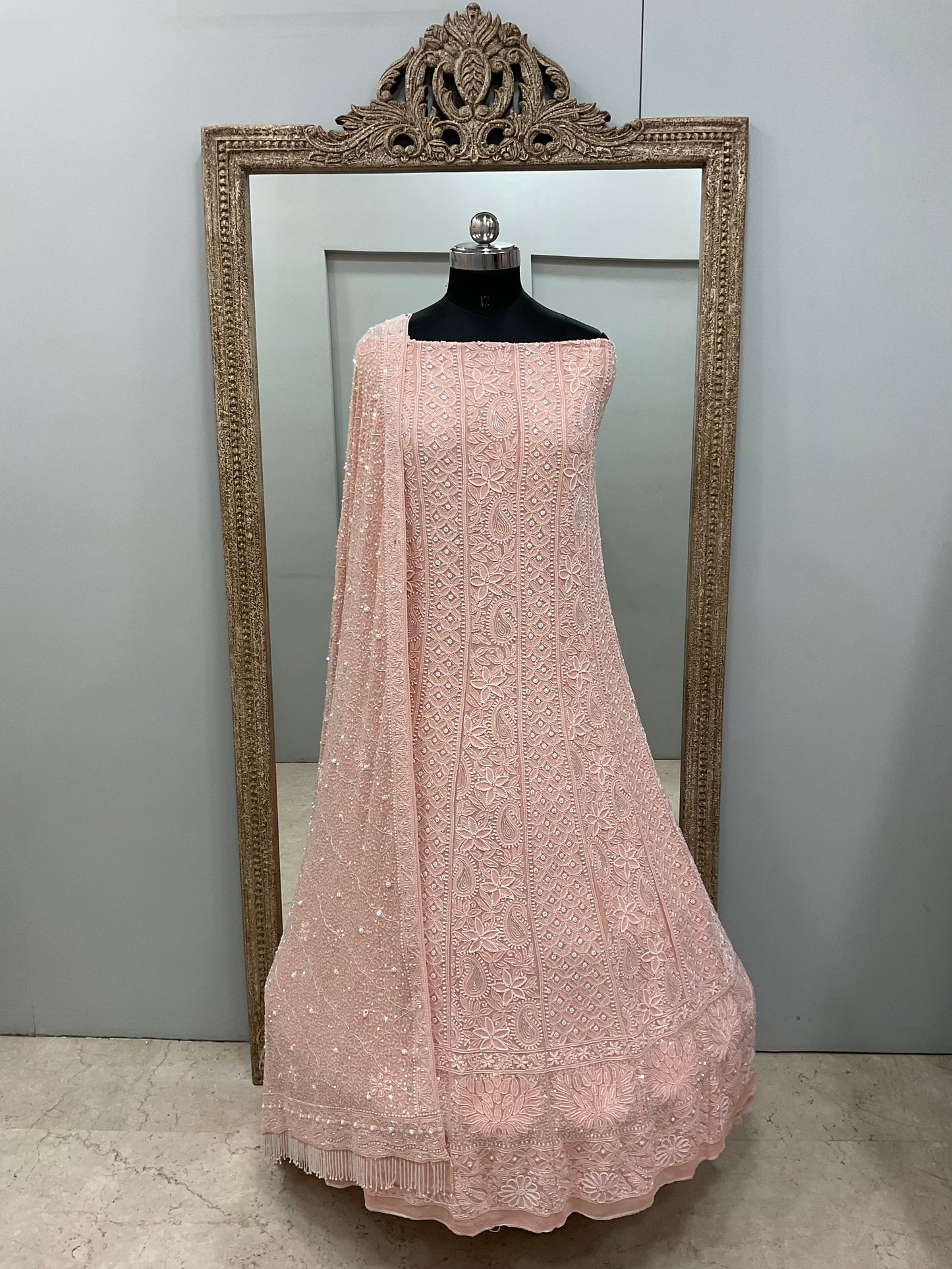 Pure Georgette Anarkali Heavy Pearl, Coloured Cutdana and Sequence Heavy Dupatta Peach