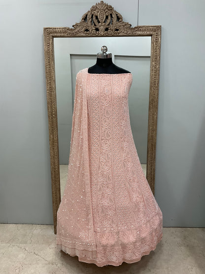 Pure Georgette Anarkali Heavy Pearl, Coloured Cutdana and Sequence Heavy Dupatta Peach