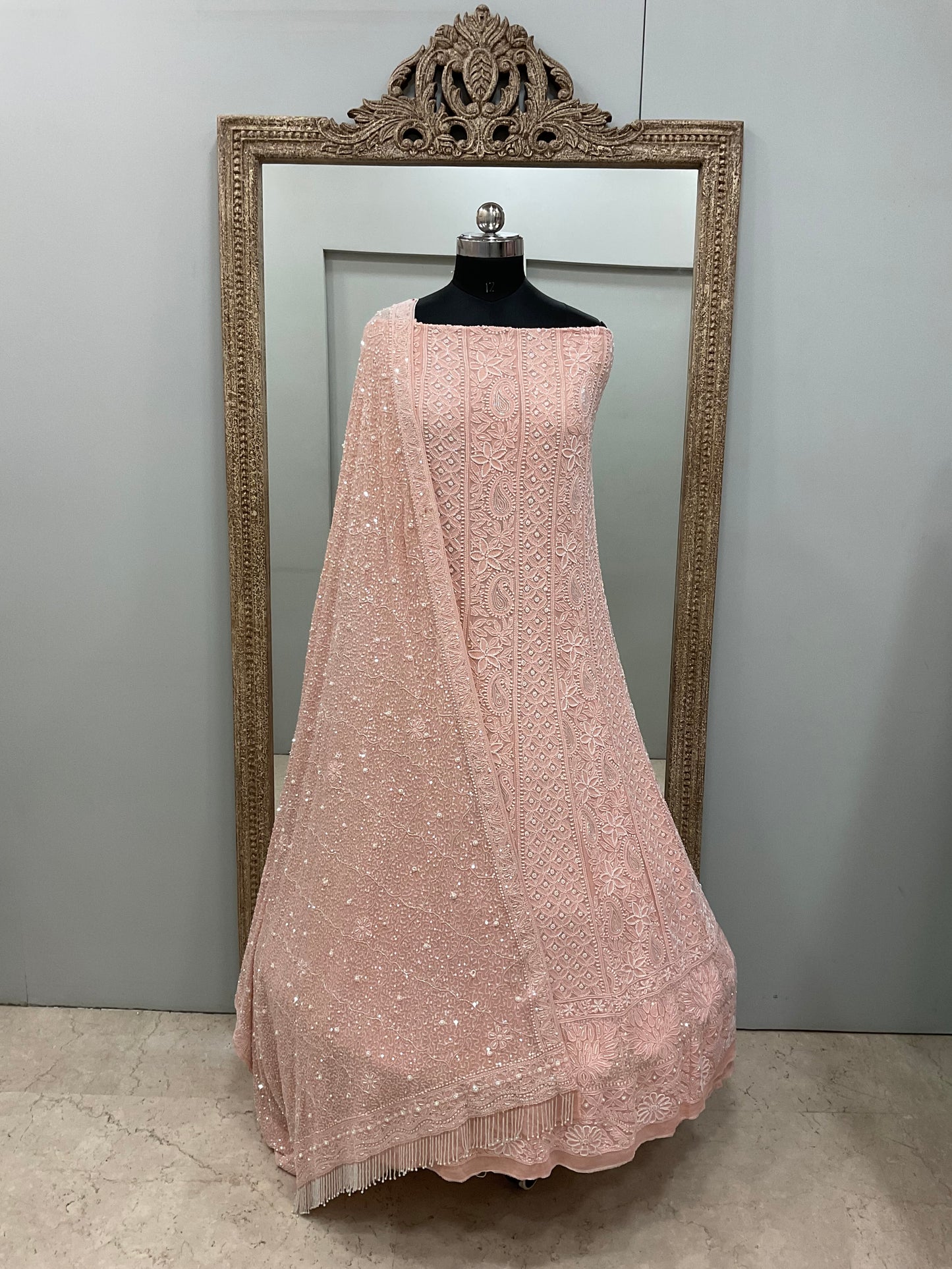 Pure Georgette Anarkali Heavy Pearl, Coloured Cutdana and Sequence Heavy Dupatta Peach