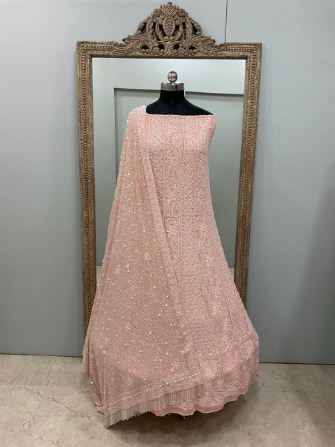 Pure Georgette Anarkali Heavy Pearl, Coloured Cutdana and Sequence Heavy Dupatta Peach