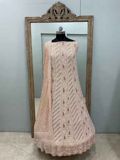 Pure Georgette Anarkali Heavy Pearl, Mirror,Cutdana and Sequence Peach