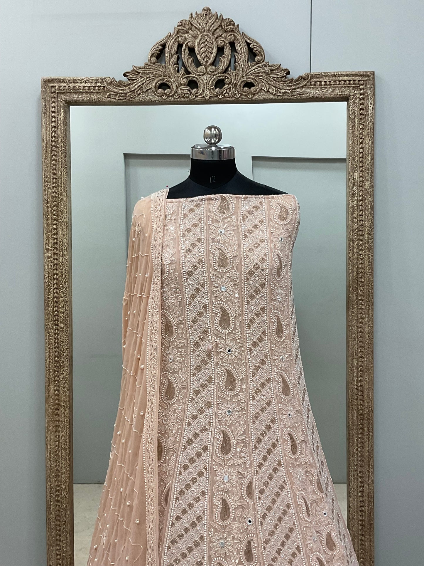 Pure Georgette Anarkali Heavy Pearl, Mirror,Cutdana and Sequence Peach