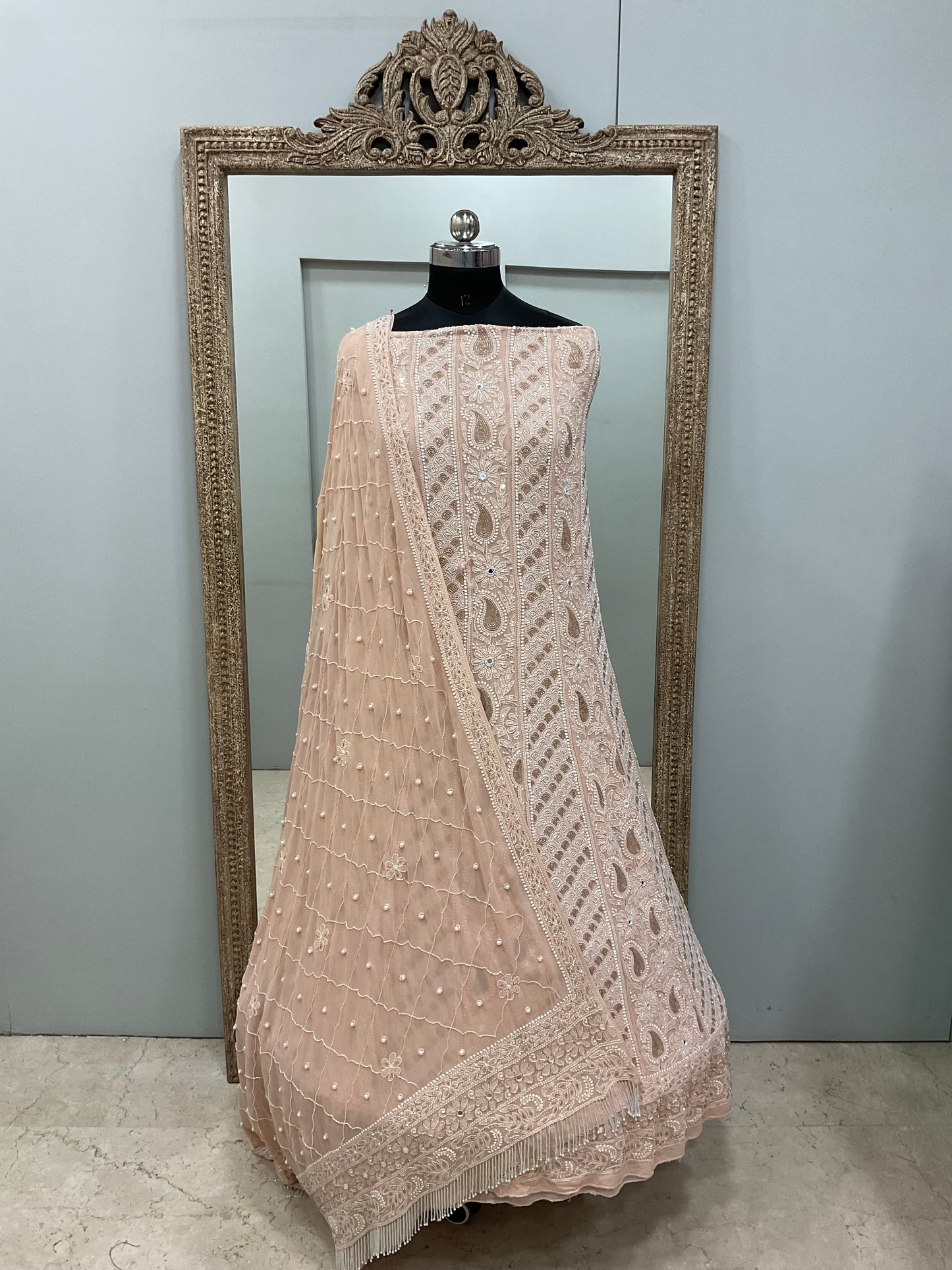 Pure Georgette Anarkali Heavy Pearl, Mirror,Cutdana and Sequence Peach