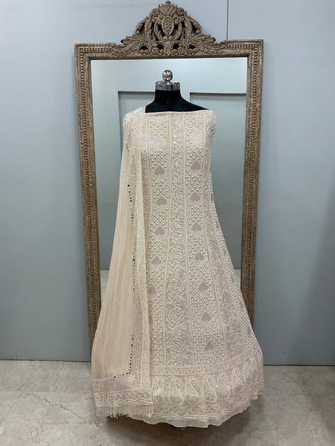 Pure Georgette Anarkali Heavy Pearl, Mirror,Cutdana and Sequence Powder Beige
