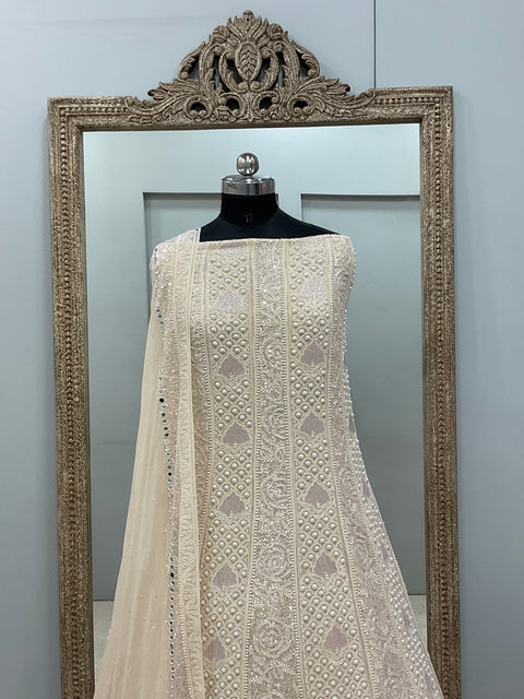 Pure Georgette Anarkali Heavy Pearl, Mirror,Cutdana and Sequence Powder Beige