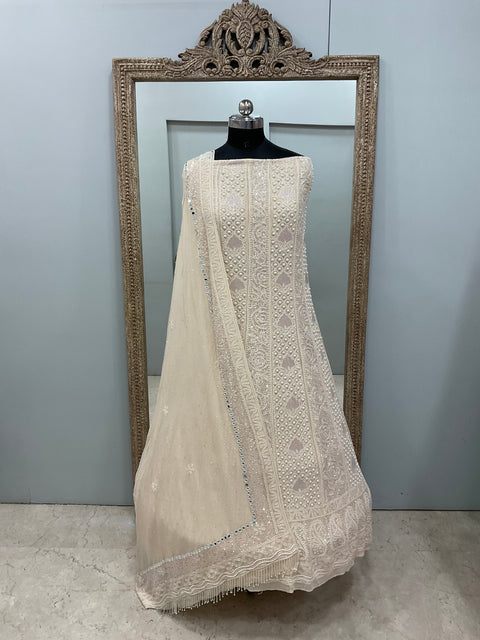 Pure Georgette Anarkali Heavy Pearl, Mirror,Cutdana and Sequence Powder Beige