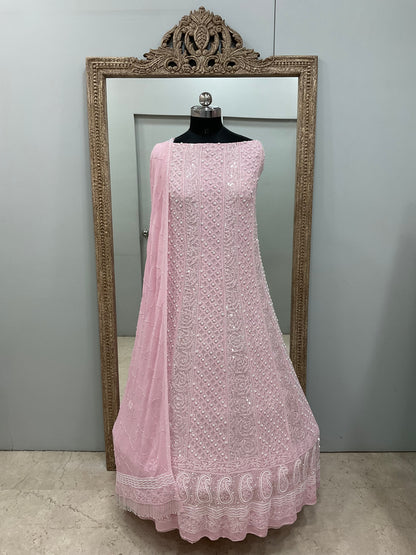 Pure Georgette Anarkali Heavy Pearl, Cutdana and Sequence Pink