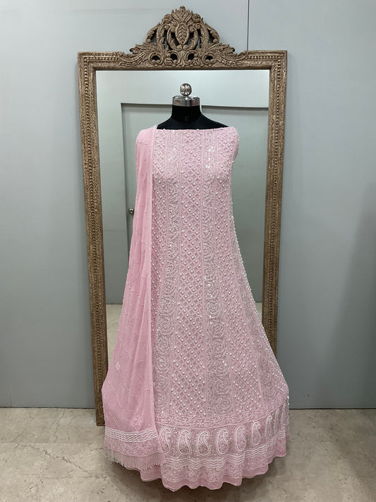 Pure Georgette Anarkali Heavy Pearl, Cutdana and Sequence Pink